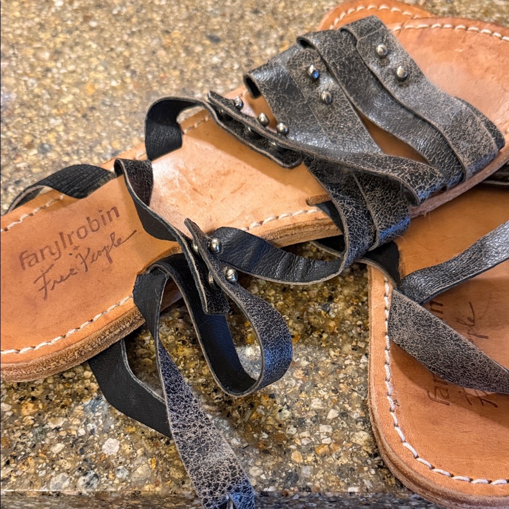Farylrobin Free People Distressed Black Leather Sandals